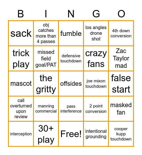 Super Bowl Bingo Card