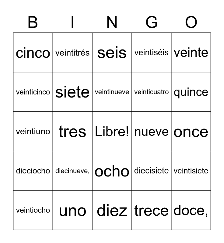 Spanish Numbers 1 30 Bingo Card