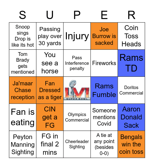 Dean's Superbowl Bingo Card