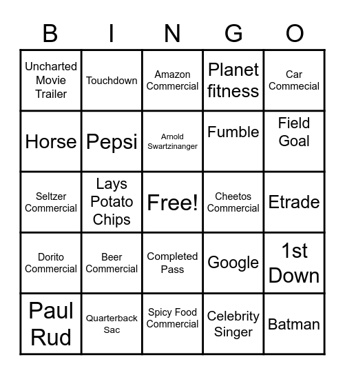 Super Bowl 2022 Bingo Card