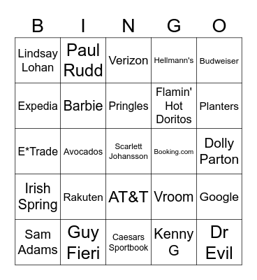 Super Bowl Commercial Bingo Card