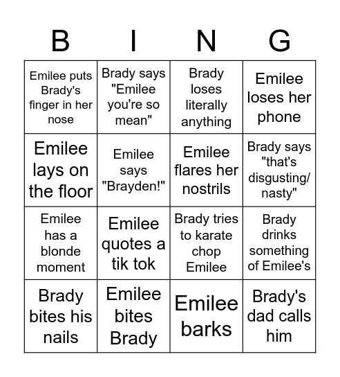 Emilee and Brady Together Bingo Card