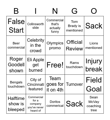 Super Bowl Bingo Card