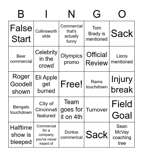 Super Bowl Bingo Card