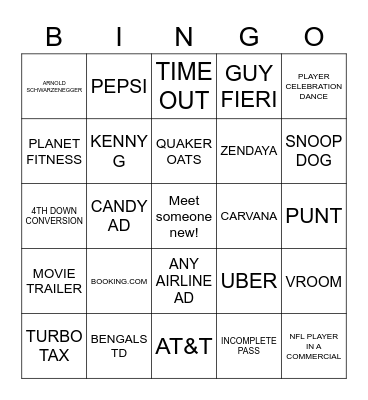 Super Bowl Bingo Card