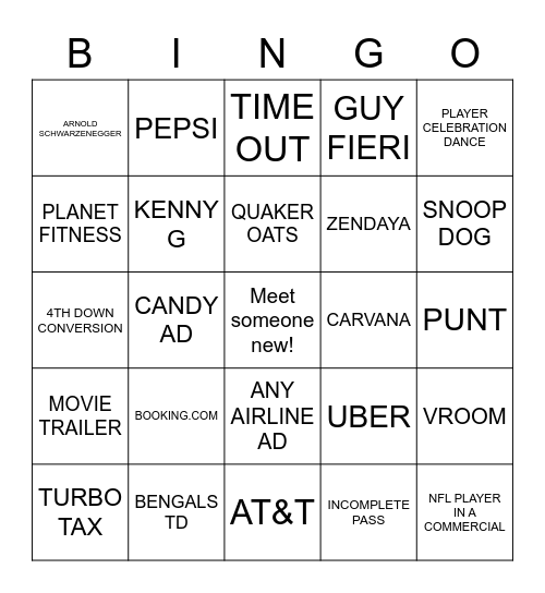 Super Bowl Bingo Card