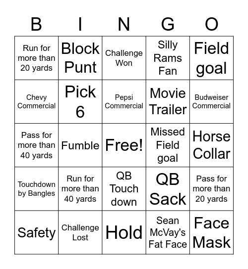 Superbowl 56 Bingo Card