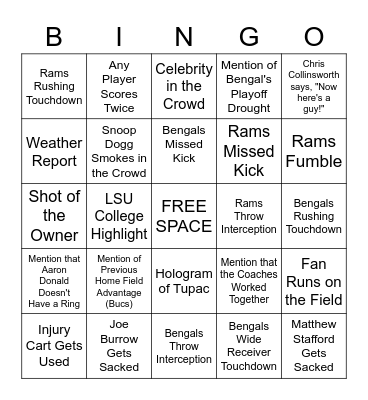 2022 Superbowl Bingo Card