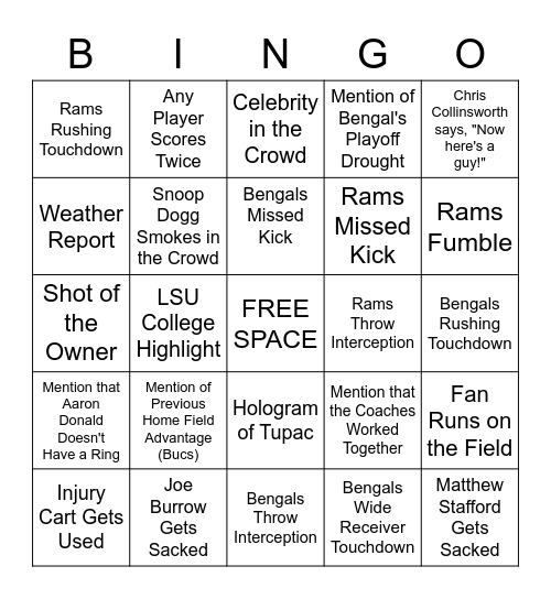2022 Superbowl Bingo Card