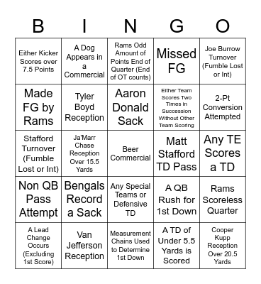 Super Bowl Bingo Card