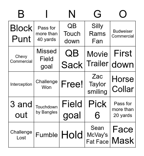 Superbowl 56 Bingo Card