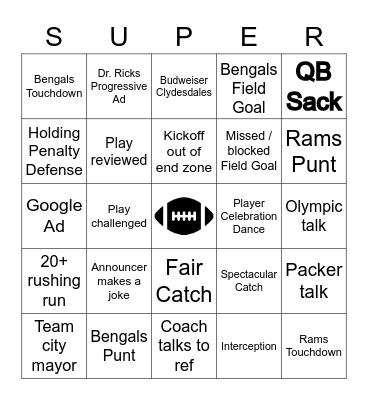 2022 Superbowl Bingo Card