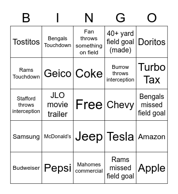 Super Bowl Bingo Card