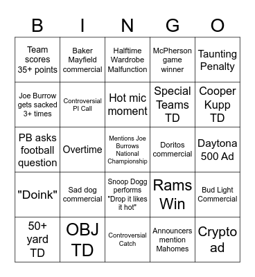 Superbowl LVI Bingo Card