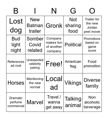 Super Bowl Commercial Bingo Card
