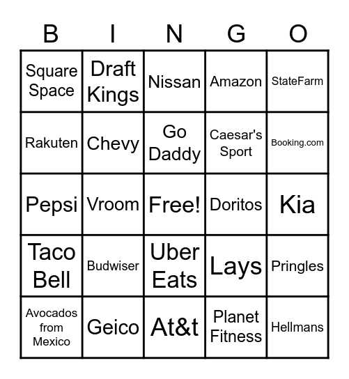Super Bowl Commercial Bingo Card