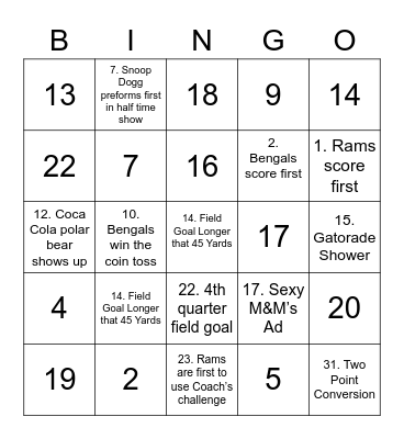 Super Bowl LVI Bingo Card