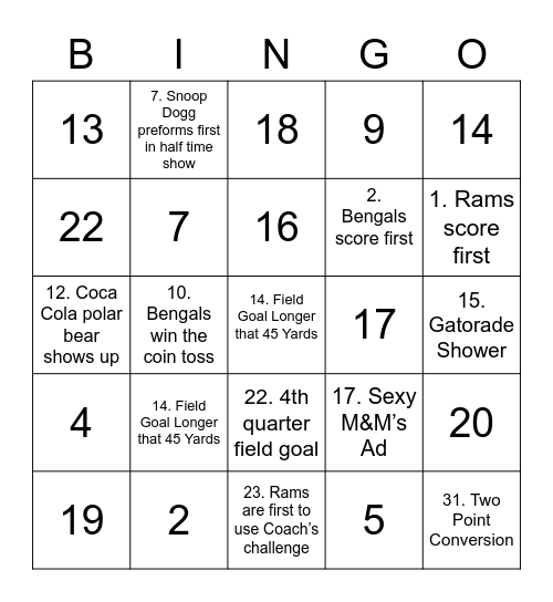 Super Bowl LVI Bingo Card