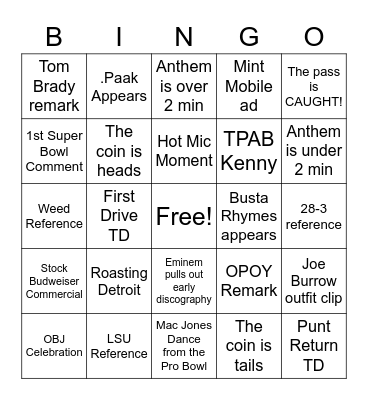 Super Bowl LVI Bingo Card
