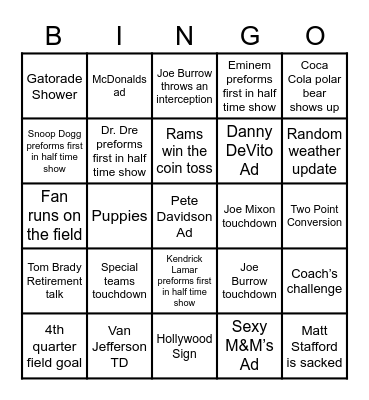 Super Bowl LVI Bingo Card