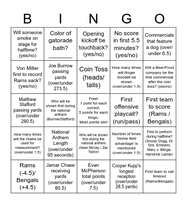 Super Bowl LVI Bingo Card