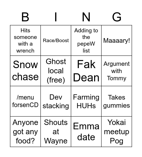 Eddie Stream Bingo Card