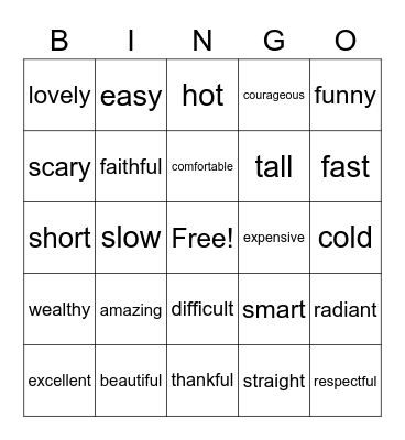Adjective BINGO Card