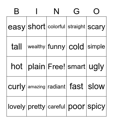 Adjectives Bingo Card