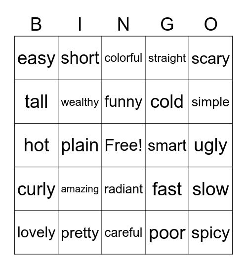 Adjectives Bingo Card