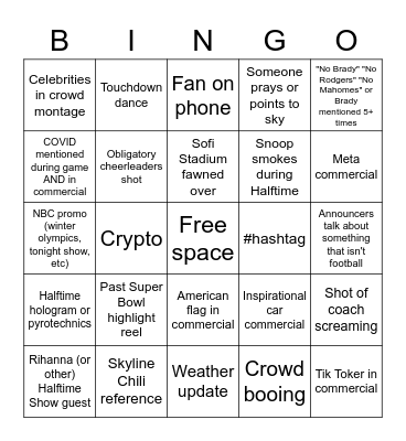 Super Bowl 2022 Bingo Card