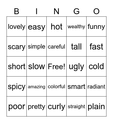 Adjectives Bingo Card