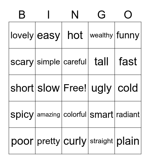Adjectives Bingo Card