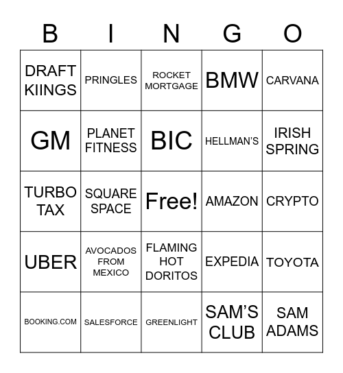SUPER BOWL ADS Bingo Card