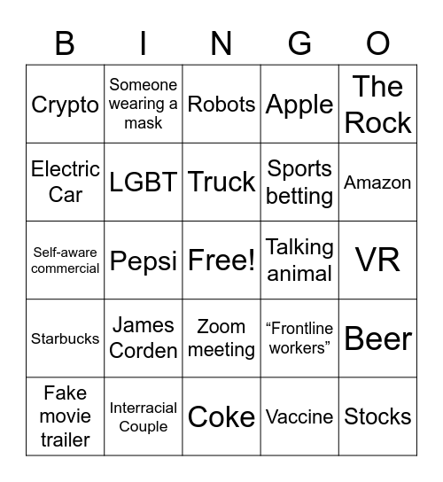 Super Bowl Commercials Bingo Card