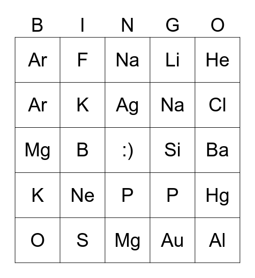 Periodic Table Bingo Card