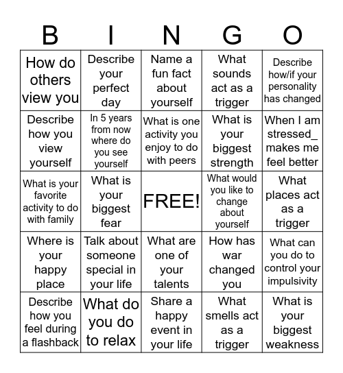 PTSD Bingo Card