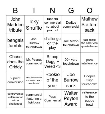 Superbowl LVI Bingo Card