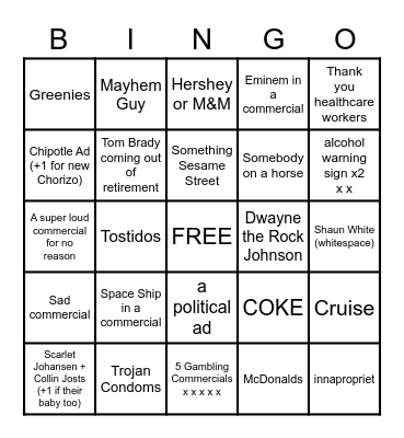 Super Bowl 2022 -Commercials- Bingo Card