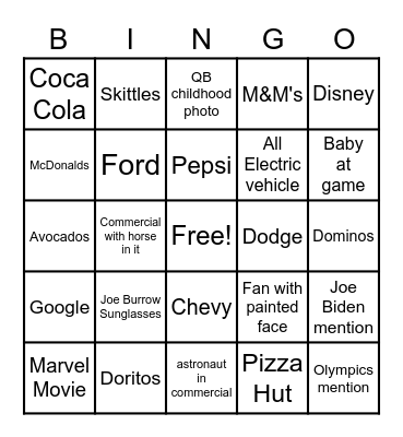 Super Bowl Bingo Card