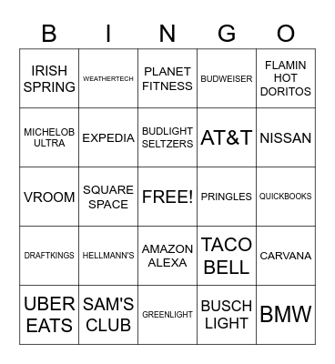 SuperBowl Commercial Bingo Card