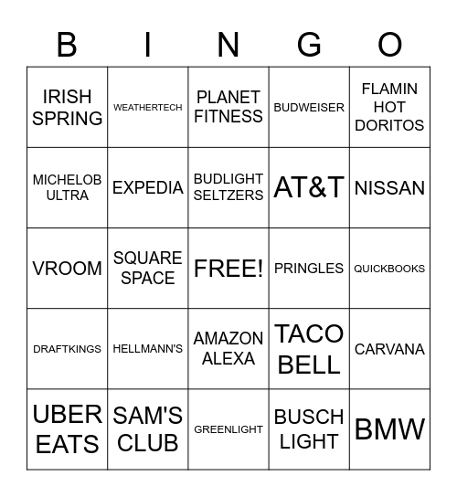 SuperBowl Commercial Bingo Card