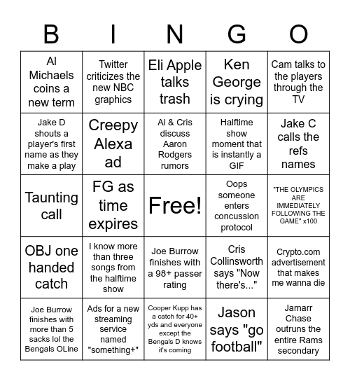 super bORDwl bingo Card