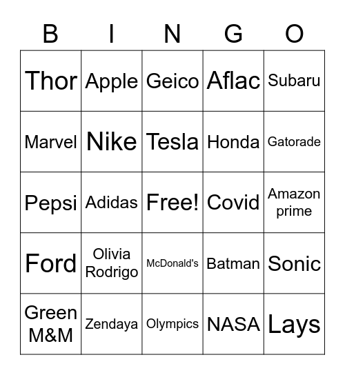 Superbowl commercials Bingo Card