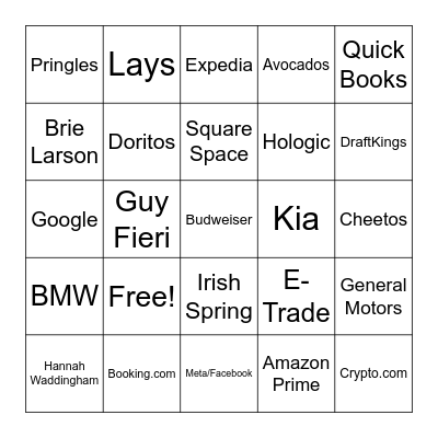 Super Bowl LVI Bingo Card