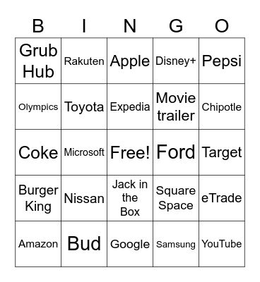 Super Bowel Commercials Bingo Card