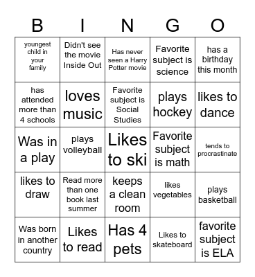 Getting to Know You Bingo Card