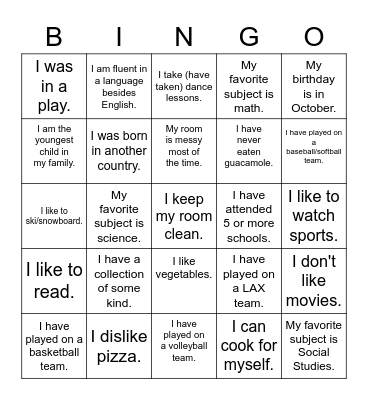 Getting to Know You Bingo Card