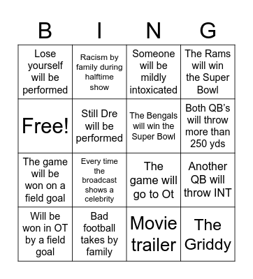 Super Bowl Bingo Card