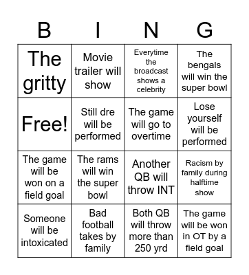 Super Bowl bingo Card