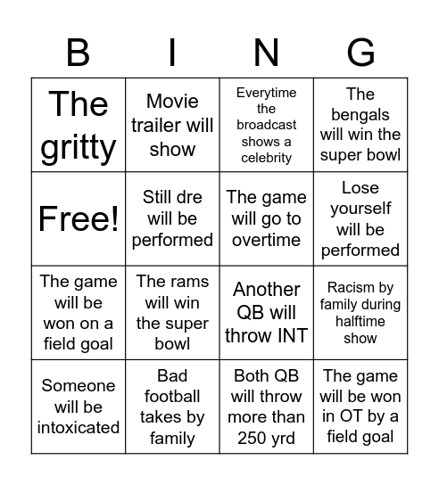 Super Bowl bingo Card